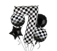 Globos XXL a cuadros con número 7 en blanco y negro para coche de carreras, 5 unidades, mylar helio, números, 7 coches de carreras, globos para fiestas, cumpleaños, temática de carreras, 100 cm