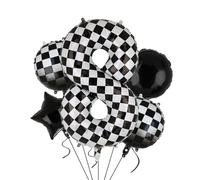 Globos XXL a cuadros con número 8 en blanco y negro para coche de carreras, 5 unidades, mylar helio, números, 8 coches de carreras, globos para fiestas, cumpleaños, temática de carreras, 100 cm