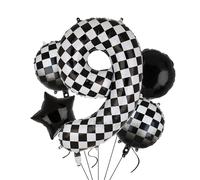 Globos XXL a cuadros con número 9 en blanco y negro para coche de carreras, 5 unidades, mylar helio, números, 9 coches de carreras, globos para fiestas, cumpleaños, temática de carreras, 100 cm
