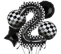 Globos XXL de carreras número 2 globos de aluminio negro y blanco coche de carreras, 5 unidades, mylar helio, números, 2 coches de carreras, a cuadros, globos para fiestas, cumpleaños, temática de