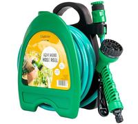 GloBrite Mini carrete de manguera con mangueras de 10 m | Manguera de jardín con boquilla de pulverización ajustable 7 en 1, accesorios de montaje en pared para riego, portátil para regar macetas de