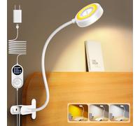 Glocusent Luz para Leer Libros en la Lama [3 Colores y 5 Brillos], LED Lampara Lectura con Pinza, USB Lampara Lectura Libro para Cama/Escritorio/Cabecero (Blanco con adaptador)