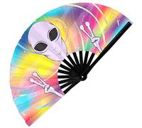 GloFX Rave Fan - Rainbow Alien - Ventilador plegable grande - Esencial para festivales de música, accesorios EDM Rave, ventilador de mano plegable, ventilador de clack