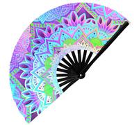 GloFX Ventilador de mano UV Glow Mandala Rave, diseño verde azulado, rosa, morado y verde, ventilador plegable grande para moda de festivales, accesorios esenciales para mujeres, ventilador de mano