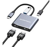 Glomtheia Adaptador USB C a HDMI dual, divisor HDMI de doble monitor 4K a 60Hz para pantalla extendida, PD de 100 W, puerto USB-A, Windows permite 3 pantallas múltiples, macOS solo soporta modo espejo