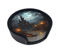 Gloomy - Juego de 6 posavasos de piel con diseño de castillo y bruja para tazas, cocina, bar, decoración del hogar, regalo de inauguración de la casa