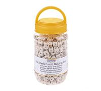 Glorex 6 1640 197 - Cuentas de madera con letras en un práctico cubo de plástico aprox. 185 g con cuentas en forma de cubo para hacer bisutería ideal para pulseras con nombre y collares