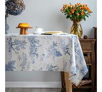 GLORY SEASON - Mantel rústico clásico de Tela de Lino con Estampado de Pueblo francés, decoración de Granja, 139,7 x 259 cm, Rectangular, para Cocina y Comedor, Color Azul