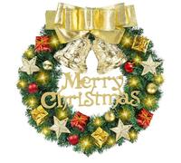 GLOSKIN Ghirlanda Natalizia de 30CM，Ghirlanda Natalizia per Porta con un Lazo Dorado, Dos Campanillas Doradas, Cuatro Estrellas de Cinco Puntas Brillantes y 30 Luces LED de Color Blanco Cálido