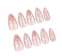 Glossy Star Moon Press On Nails Almond Fake Stick En Cubiertas Completas Palabra Acrílica Falsa Sobre Mujeres En Uñas Ataúd Almond French Tip On Leak