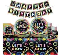 Glow Neon Partygeschirr Set, Glow Neon Geburtstag Party geschirr Neon Glow in the Dark Papier geschirr für Kinder Geburtstag Party Supplies Halloween (Color-1)
