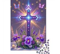 Glowing Cross Rompecabezas Purple Floral 1000 Piezas Papel Reciclado para Mujeres, Regalos para Hombres Rompecabezas Extremadamente Difícil Y Desafiante 52x38cm/1000pcs