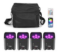 Glowingstage Foco LED con batería, 4 unidades, 108 W, RGBWA-UV, control por aplicación con paquete de luz, batería LED par con DMX y mando a distancia para fiestas, Halloween, Navidad