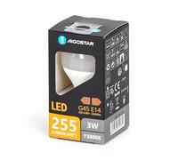 Glowster Bombilla LED G45 E14 3W 3000K nergética, luz cálida, ideal para iluminación de ambientes y decoración.