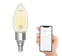 Glowster Bombilla WiFi inteligente de filamento E14 transparente, control remoto y regulación de brillo, ideal para crear ambientes personalizados.