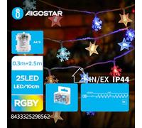 Glowster Guirnalda de luces decorativas, forma estrella y copo de nieve, batería 3AA, RGBY, 2,5 m, ideal para ambientar fiestas y celebraciones.