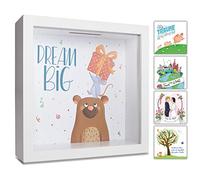 GLÜCKSWOLKE - Hucha Infantil I Motivo Dream Big I Huchas Originales I Regalo de Fiesta Cumpleaños de Niños, Comunion, Bautizo y el Bebe de Nacimiento Niña I 3D Marco de Fotos para Regalar Dinero