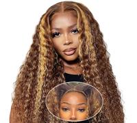 Glueless Wig Human Hair Wigs Deep Wave Lace Front Wig Pre Plucked Hairline 4x4 HD Transparent Lace Frontal Wigs 180% Density Brazilian Human Hair Glueless Curly Wigs P4/27 Color 24 inches