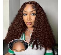 Glueless Wig Human Hair Wigs Deep Wave Lace Front Wig Pre Plucked Hairline 4x4 HD Transparent Lace Frontal Wigs 180% Density Brazilian Human Hair Glueless Curly Wigs Chocolate Brown Color 28 inch