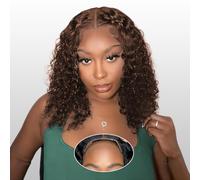 Glueless Wig Human Hair Wigs Deep Wave Lace Front Wig Pre Plucked Hairline 4x4 HD Transparent Lace Frontal Wigs 180% Density Brazilian Human Hair Glueless Curly Wigs Chocolate Brown Color 16 inch