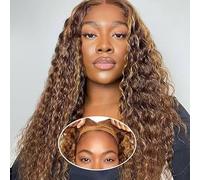 Glueless Wig Human Hair Wigs Deep Wave Lace Front Wig Pre Plucked Hairline 4x4 HD Transparent Lace Frontal Wigs 180% Density Brazilian Human Hair Glueless Curly Wigs P4/27 Color 28 inches