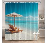 GLWDMB 1 Pieza 90x180CM Escena Costera: Sillas de Playa y una sombrilla. Cortina de Ducha con Gancho, poliéster, para Ventanas y Paredes, bañera, baño, Universal para Todas Las Estaciones.