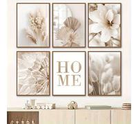 GLWDME Cuadro mural de caña beige con impresiones y pósteres florales, de hojas y de diente de león, para sala de estar y dormitorio.（Enmarcado）