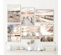 GLWDME Lienzo decorativo con paisaje beige, pósteres e impresiones de paisajes naturales, puente, lago y barco para sala de estar.(Enmarcado)