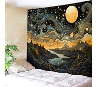 GLWDMH 150x130CM Tapiz de paisaje lunar con luciérnagas y cielo estrellado, fondo para colgar en la pared, poliéster, para sala de estar, dormitorio, oficina, hogar, fiesta, con clips para colgar.