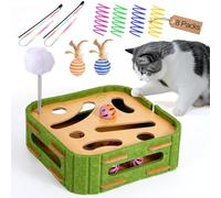 GLYVIAN Juguetes interactivos para gatos 5 en 1, rompecabezas de madera para gatos, caja de alimentación de inteligencia, accesorios de enriquecimiento con bolas de cascabel, varitas y resortes en