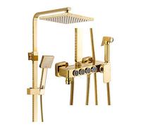 GLYYR 9 Pulgadas Oro Cuadrado Columna de Ducha Montaje en La Pared 4 Función Conjunto de Ducha con Alcachofa de Ducha, Ducha de Mano, Grifo de Bañera, Ducha de Bidé, para a Duchas y Bañeras