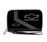 GM General Motors - Cartera con cremallera alrededor, logotipo de Chevrolet Bowtie y rayas, color negro y gris, cuero vegano, Gris, 7.5"x4.5", Casual