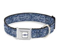 GM General Motors - Collar para mascotas, collar de perro, hebilla de cinturón de seguridad de metal, pajarita Chevrolet, azul y blanco, 20 a 31 pulgadas, 1.5 pulgadas de ancho