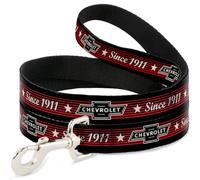 GM General Motors - Correa para Mascotas, Correa para Perro, Chevrolet Bowtie Desde 1911, Rayas de Estrellas, Negro, Rojo, Marfil, 6 pies de Largo, 0.5 Pulgadas de Ancho