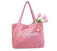 GMDLSK Bolsa Tote Personalizada de Pana con Nombre - Bolso Bordado a Mano con Diseño 3D de Flor - Ideal para Viaje, Playa y Uso Diario - Regalo Original para Mujer, Amigas, Damiselas de Honor, Mamá