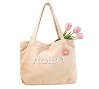 GMDLSK Bolsa Tote Personalizada de Pana con Nombre - Bolso Bordado a Mano con Diseño 3D de Flor - Ideal para Viaje, Playa y Uso Diario - Regalo Original para Mujer, Amigas, Damiselas de Honor, Mamá