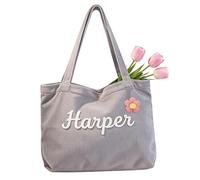 GMDLSK Bolsa Tote Personalizada de Pana con Nombre - Bolso Bordado a Mano con Diseño 3D de Flor - Ideal para Viaje, Playa y Uso Diario - Regalo Original para Mujer, Amigas, Damiselas de Honor, Mamá