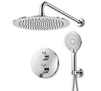 GME Ducha Empotrada Termostática con Rociador y Mango | ROUND | Rociador superior y ducha de mano para combinar una ducha fija con la libertad de dirigir el agua durante el aclarado.