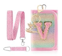 GmeDhc Bolso de pecho para niños, monedero para niñas, letras rosas, letras A-Z, triple pliegue con llavero, cartera para colgar, bolsa escolar, relleno de regalo para niñas, V., 12*8*2.5CM, Moderno