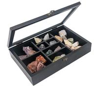 GMFrames Roca vitrina organiza tus piedras preciosas en 9 cuadrículas, soporte de cristal para exhibición de piedras, caja de almacenamiento, organizador de cristal, color negro