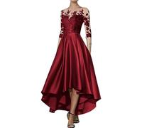 GMGQJST Vestidos Boda Invitada Largo Apliques de satén con Escote en V, asimétrico, Largo hasta la Rodilla, Corte A, Delantero Corto, Espalda Larga, for invitada de Boda(Burgundy,14W)