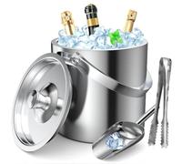 GMGXX Cubitera de acero inoxidable, cubo de hielo de 1,6 l con diseño de doble pared, recipiente para cubitos de hielo con tapa, pala de hielo y pinzas, enfriador de hielo portátil para enfriar
