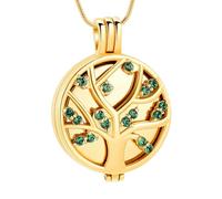 GMLRTOSPT Joyería de cremación, Collares para Cenizas, Colgantes del árbol de la Vida con urnas Redondas, medallón conmemorativo de Acero Inoxidable con Incrustaciones de Cristal Verde y Dorado.