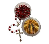 GMM Corona del rosario de madera con cuentas rojas, cruz de metal y funda decorada con imagen sagrada, talla única, Madera, Metal, Plástico, Sin gemas.