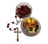 GMM Corona del rosario de madera con cuentas rojas, cruz de metal y funda decorada con imagen sagrada, talla única, Madera, Metal, Plástico, Sin gemas.
