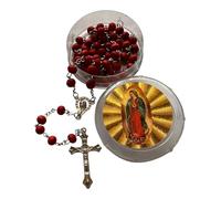 GMM Corona del rosario de madera con cuentas rojas, cruz de metal y funda decorada con imagen sagrada, talla única, Madera, Metal, Plástico, Sin gemas.