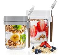 GMMG Overnight Oats Jar, 2 Piezas 350 ml Cereal Cup, Porta Yogur, Tarro Avena, Vaso Avena, Bote Porridge con Tapa y Cuchara para Cereales Leche Fruta