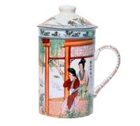 GMMH Taza de té con tapa, cuchara y colador de porcelana para té a granel o bolsa (flor)