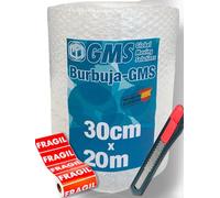 GMS - Rollo Burbuja 30cm x 20m + Cutter + Pegatinas Fragil - Rollo Burbuja Mudanza - Rollo Plastico Burbuja Embalaje - Burbuja Mudanza, Envio y Embalaje - Papel Burbuja (30cmx20m+Cutter+10 Etiquetas)