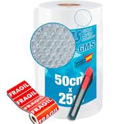 GMS - Rollo Papel Burbuja Extra Fuerte + Cutter + 10 Etiquetas Frágil - Rollo Burbuja Mudanza - Rollo Plastico Burbuja Embalaje, Especial Mudanza, Envio y Embalaje (50cm (Alto) x 25m (Largo))